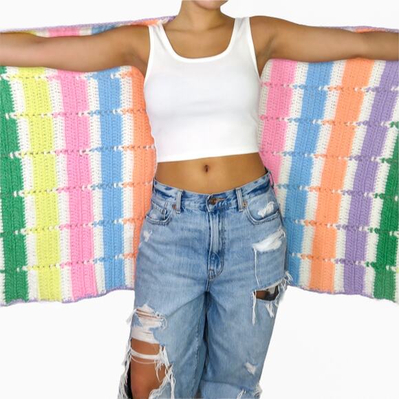 Vintage Rainbow Pastel Crochet Blanket - Picture 2 of 4